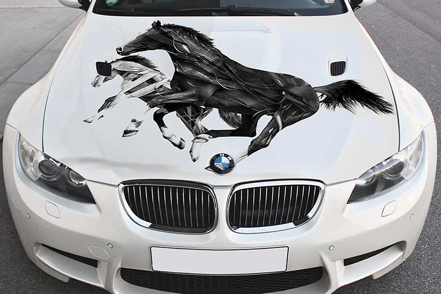 Stikka Vinyl Car Hood Wrap Full Color Graphics Decal Black Horse Mustang Abstract Sticker 33,5"x55" (85cm x 140cm)
